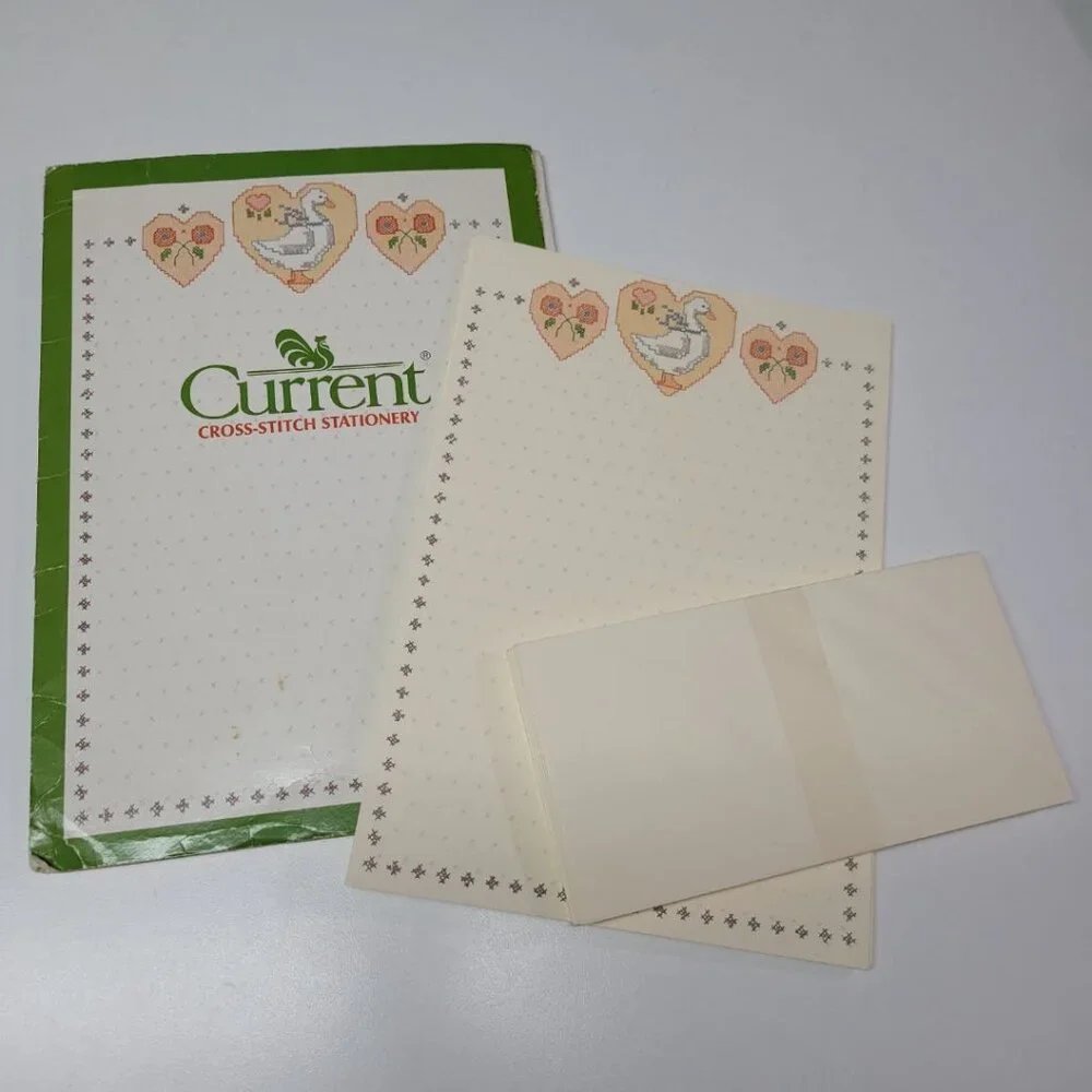 Current Blue Goose Cross Stitch Stationary Set Vintage Beige Granny‎